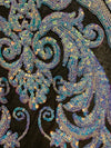 Alaina IRIDESCENT WHITE Curlicue Sequins on BLACK Mesh Lace Fabric by the Yard - 10018