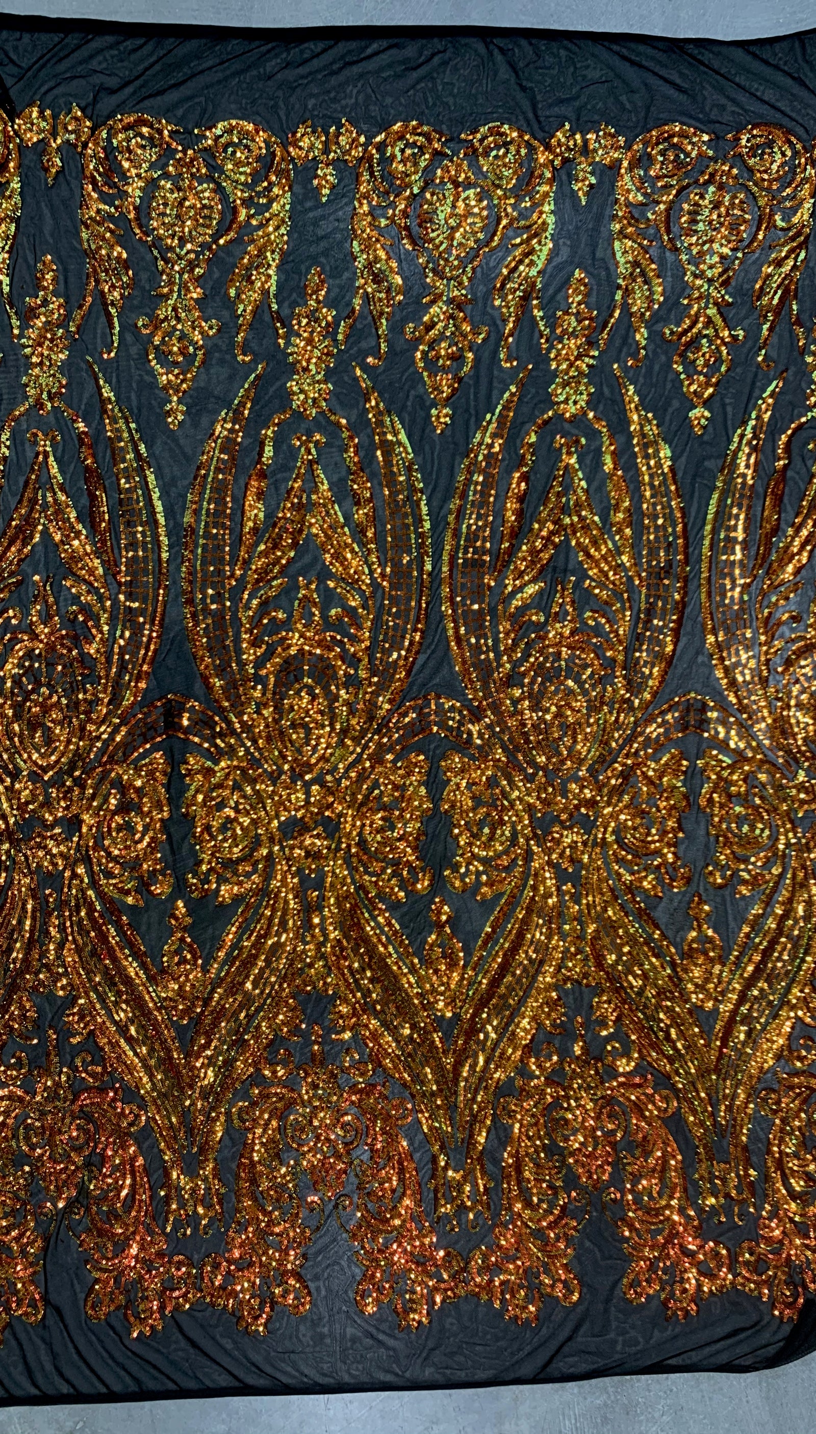 Alaina IRIDESCENT ORANGE Curlicue Sequins on BLACK Mesh Lace Fabric by the Yard