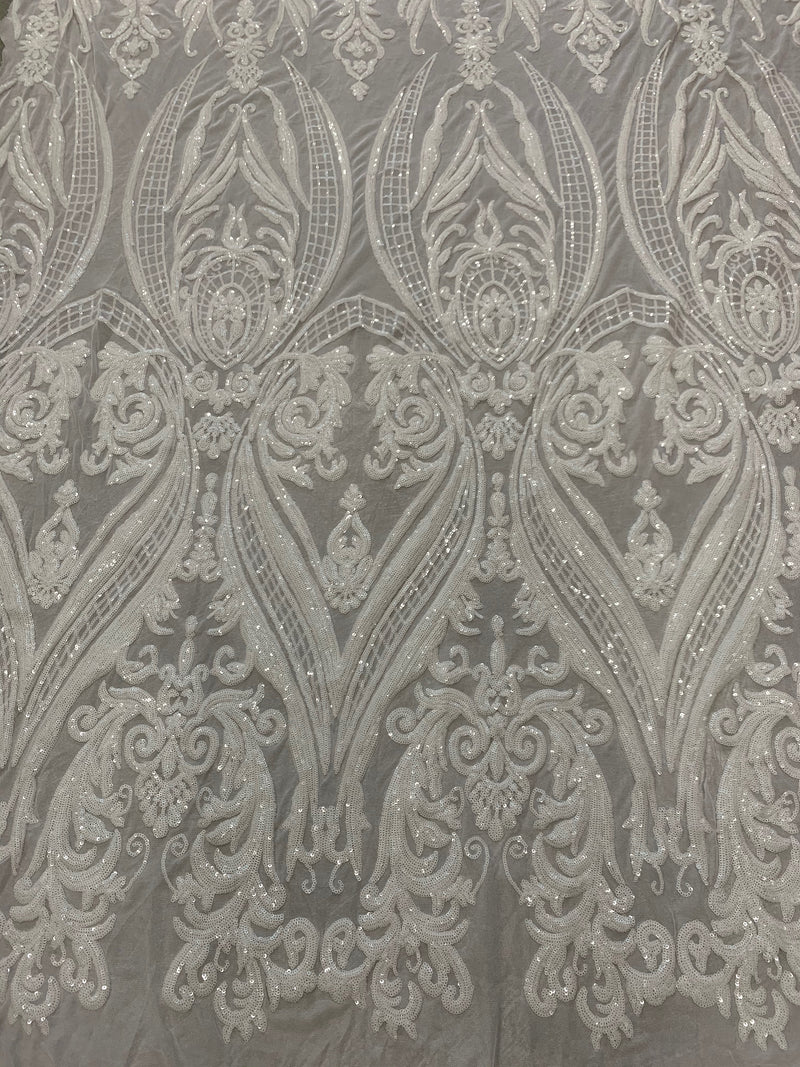 Alaina WHITE Curlicue Sequins on WHITE Mesh Lace Fabric by the Yard