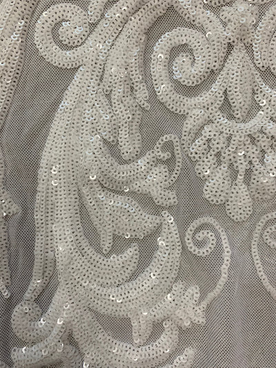 Alaina WHITE Curlicue Sequins on WHITE Mesh Lace Fabric by the Yard