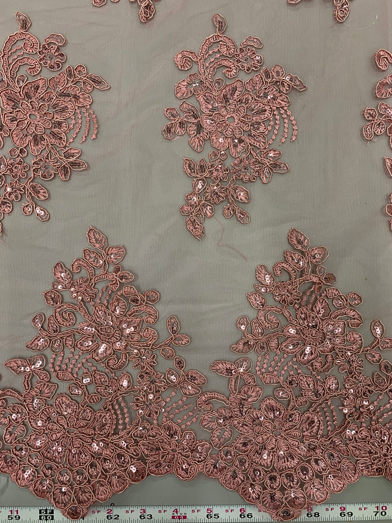 Brianna DARK DUSTY ROSE Polyester Floral Embroidery with Sequins on Mesh Lace Fabric by the Yard