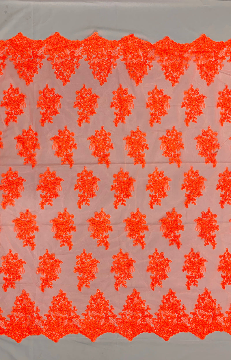 Brianna NEON ORANGE Polyester Floral Embroidery with Sequins on Mesh Lace Fabric by the Yard