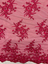 Callie HOT PINK Polyester Floral Corsage Embroidery on Mesh Lace Fabric by the Yard