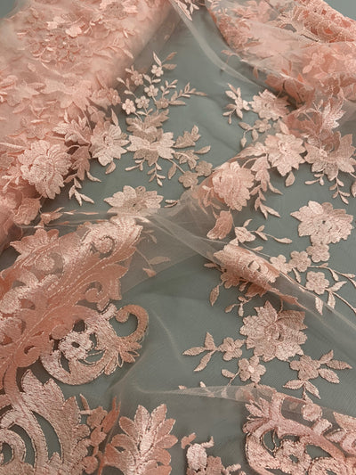 Teagan BLUSH PINK Damask Design Embroidered on Mesh Lace Fabric