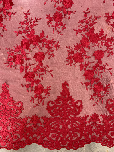 Teagan BURGUNDY Damask Design Embroidered on Mesh Lace Fabric