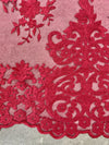 Teagan BURGUNDY Damask Design Embroidered on Mesh Lace Fabric