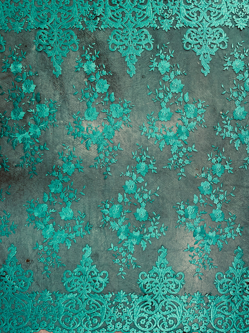 Teagan GREEN TOPAZ Damask Design Embroidered on Mesh Lace Fabric