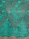 Teagan GREEN TOPAZ Damask Design Embroidered on Mesh Lace Fabric