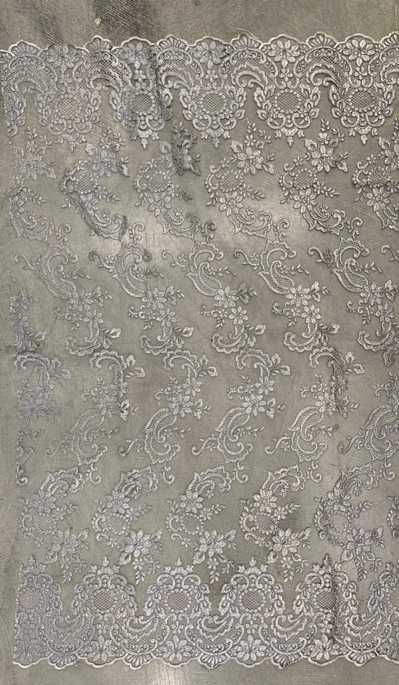 Elise GREY Polyester Corded Floral Embroidery on Mesh Lace Fabric by the Yard - 10029