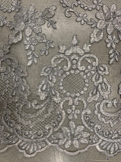 Elise GREY Polyester Corded Floral Embroidery on Mesh Lace Fabric by the Yard