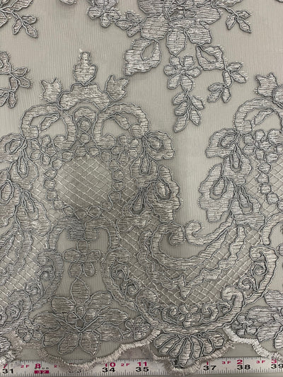 Elise GREY Polyester Corded Floral Embroidery on Mesh Lace Fabric by the Yard