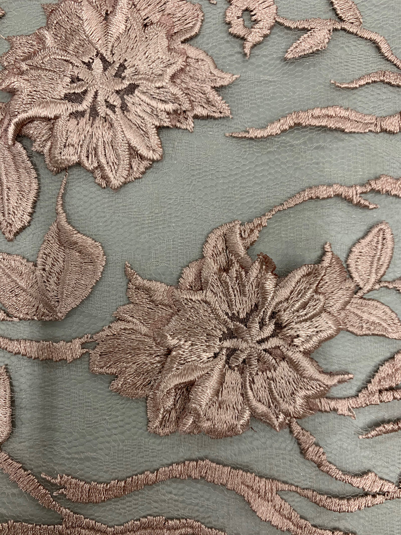 Nina DARK MAUVE Polyester 3-D Floral Embroidery on Mesh Lace Fabric