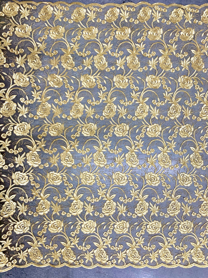 Dakota GOLD Polyester Corded Floral Embroidery on Mesh Lace Fabric by the Yard