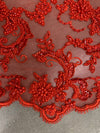 Jayla RED Floral Embroidery with Beads and Sequins on Mesh Lace Fabric by the Yard