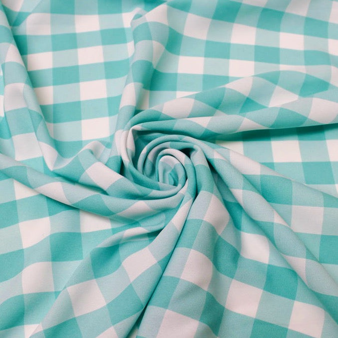 Camille AQUA 1" Big Checkered Gingham Pattern Poly Poplin Fabric by the Yard