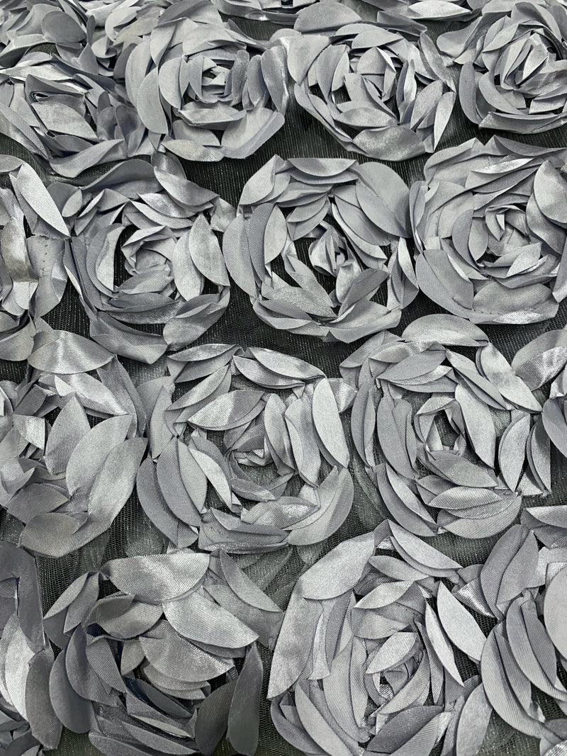 Maci GREY 3D Floral Polyester Satin Rosette on Mesh Fabric by the Yar