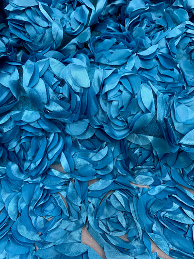 Maci TURQUOISE 3D Floral Polyester Satin Rosette on Mesh Fabric by the Yard