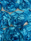 Maci TURQUOISE 3D Floral Polyester Satin Rosette on Mesh Fabric by the Yard