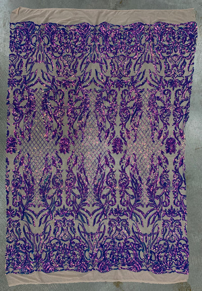 Phoebe IRIDESCENT PURPLE Sequins on NUDE Mesh Lace Fabric