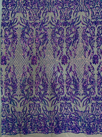 Phoebe IRIDESCENT PURPLE Sequins on NUDE Mesh Lace Fabric