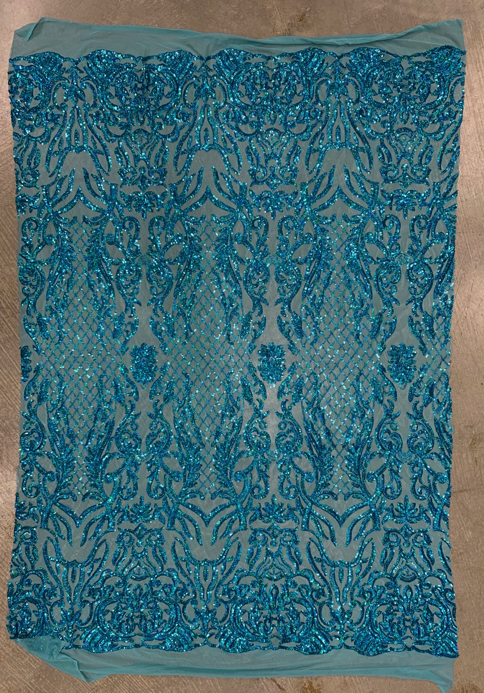 Phoebe IRIDESCENT TURQUOISE Sequins on Mesh Lace Fabric