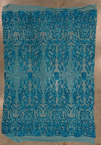 Phoebe IRIDESCENT TURQUOISE Sequins on Mesh Lace Fabric