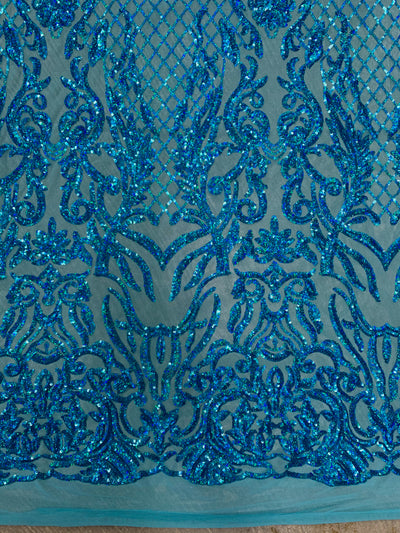 Phoebe IRIDESCENT TURQUOISE Sequins on Mesh Lace Fabric