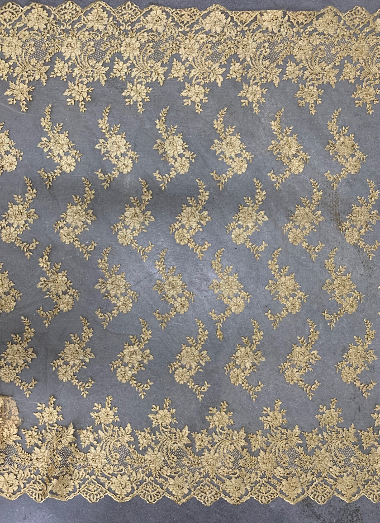 Diana GOLD Polyester Corded Floral Embroidery on Mesh Lace Fabric by the Yard