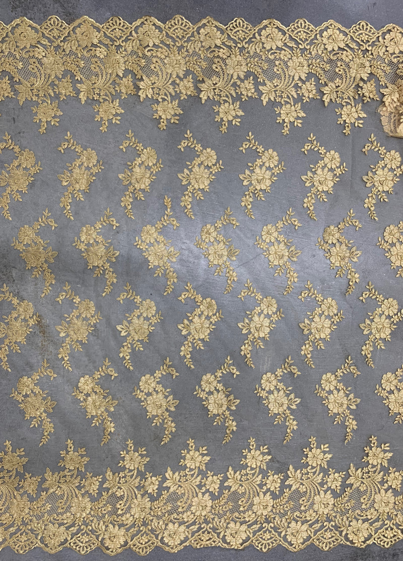 Diana GOLD Polyester Corded Floral Embroidery on Mesh Lace Fabric by the Yard