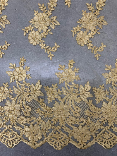 Diana GOLD Polyester Corded Floral Embroidery on Mesh Lace Fabric by the Yard
