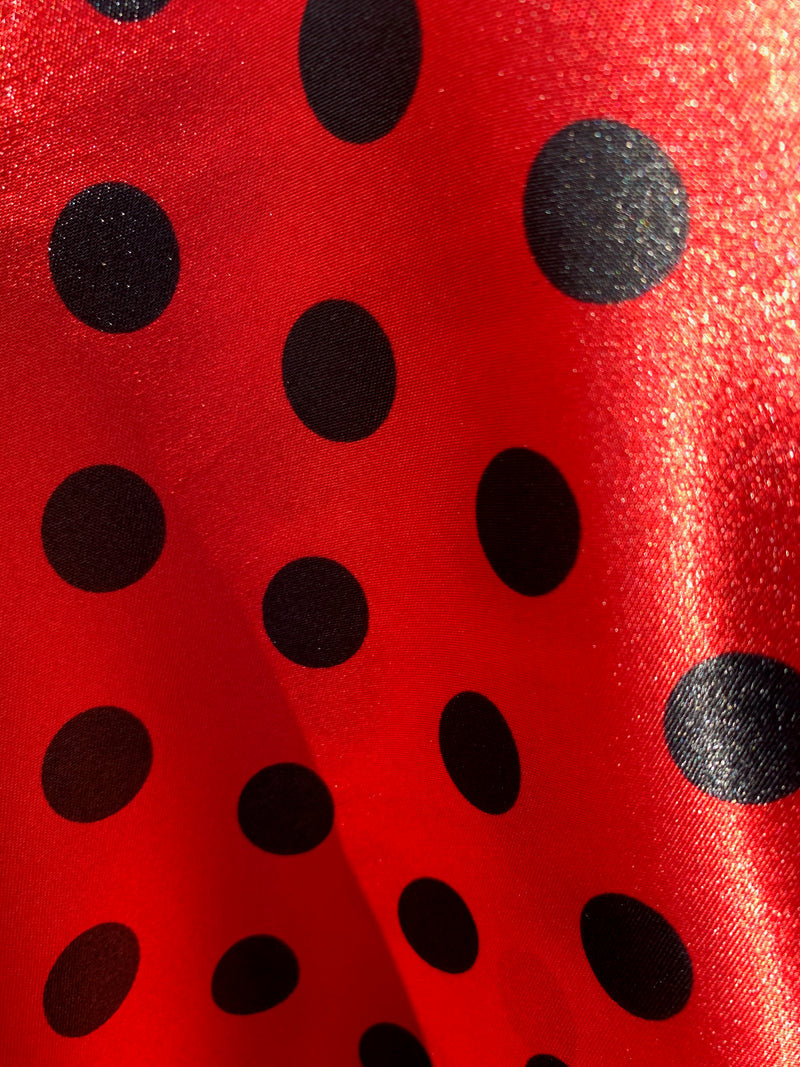 Shelby 0.75" BLACK Polka Dots on RED Polyester Light Weight Satin Fabric