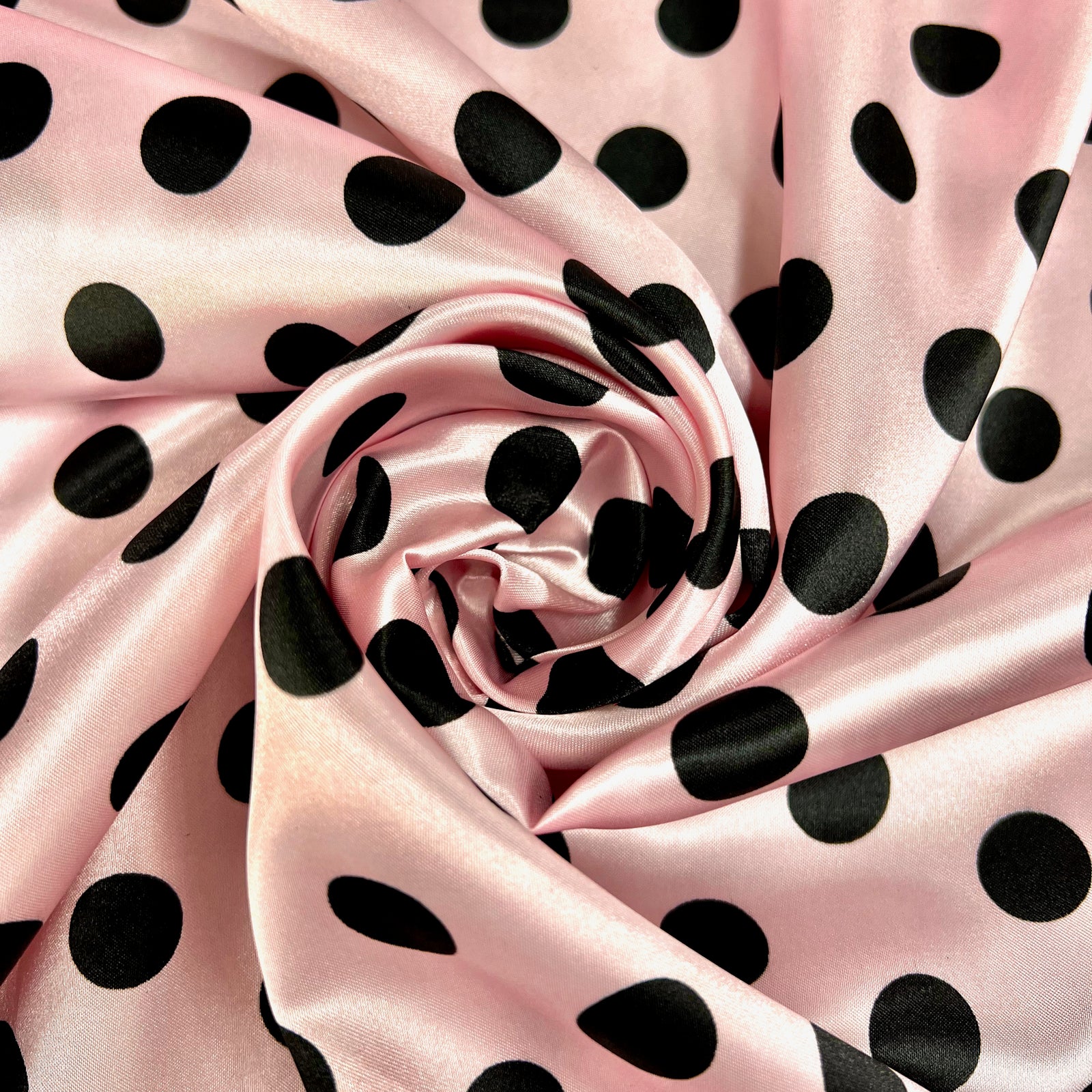 Shelby 0.75" BLACK Polka Dots on BLUSH Polyester Light Weight Satin Fabric by the Yard