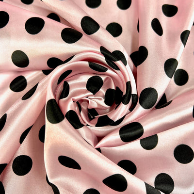 Shelby 0.75" BLACK Polka Dots on BLUSH Polyester Light Weight Satin Fabric by the Yard