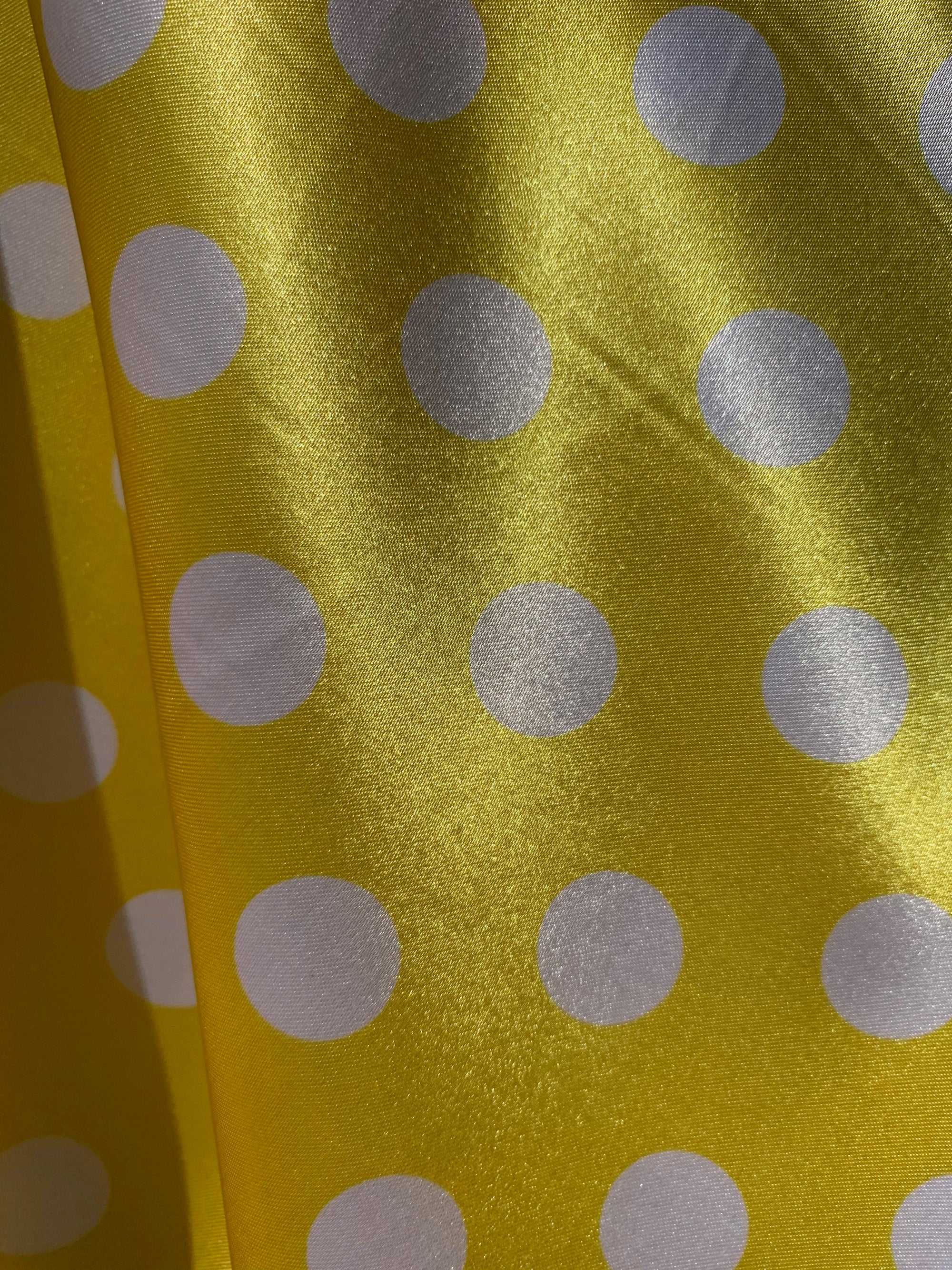 Shelby 0.75" WHITE Polka Dots on YELLOW Polyester Light Weight Satin Fabric