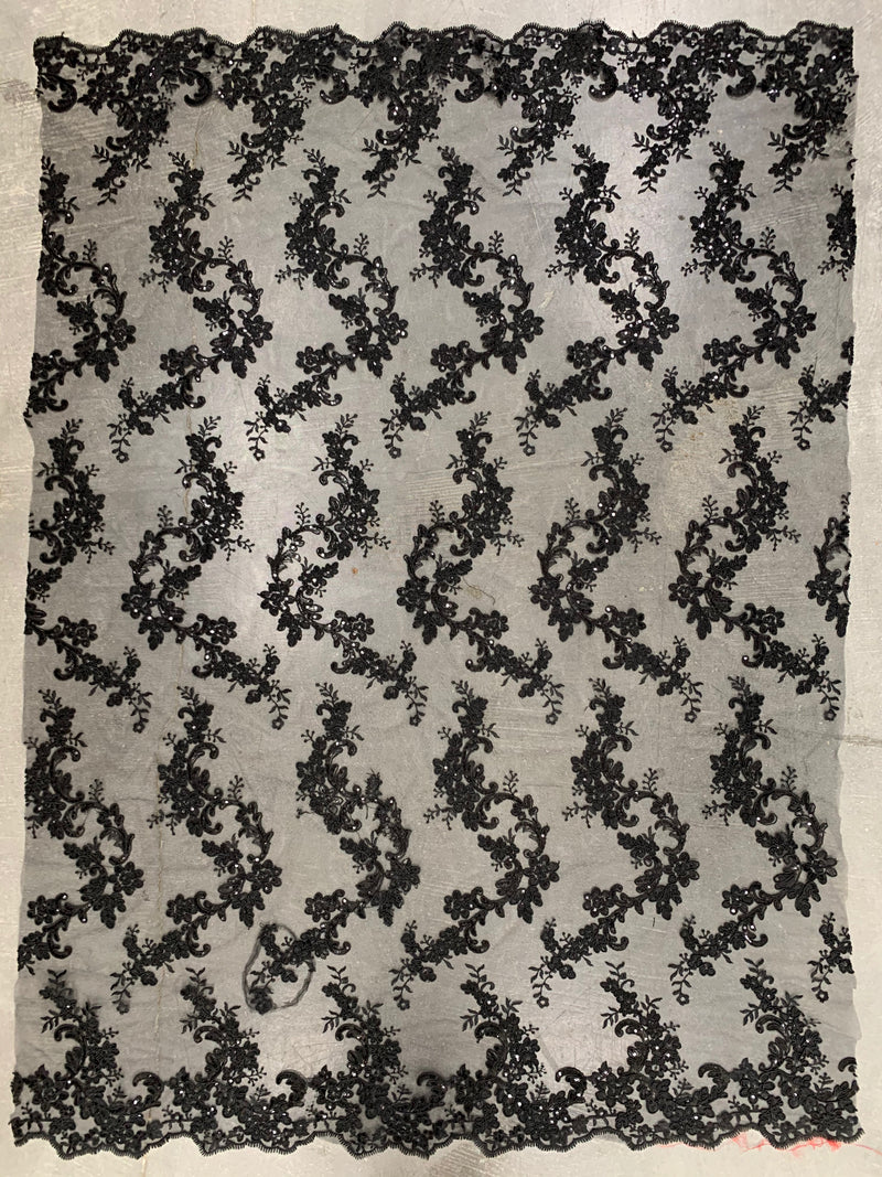 Cristina BLACK Polyester Floral Embroidery with Sequins on Mesh Lace Fabric