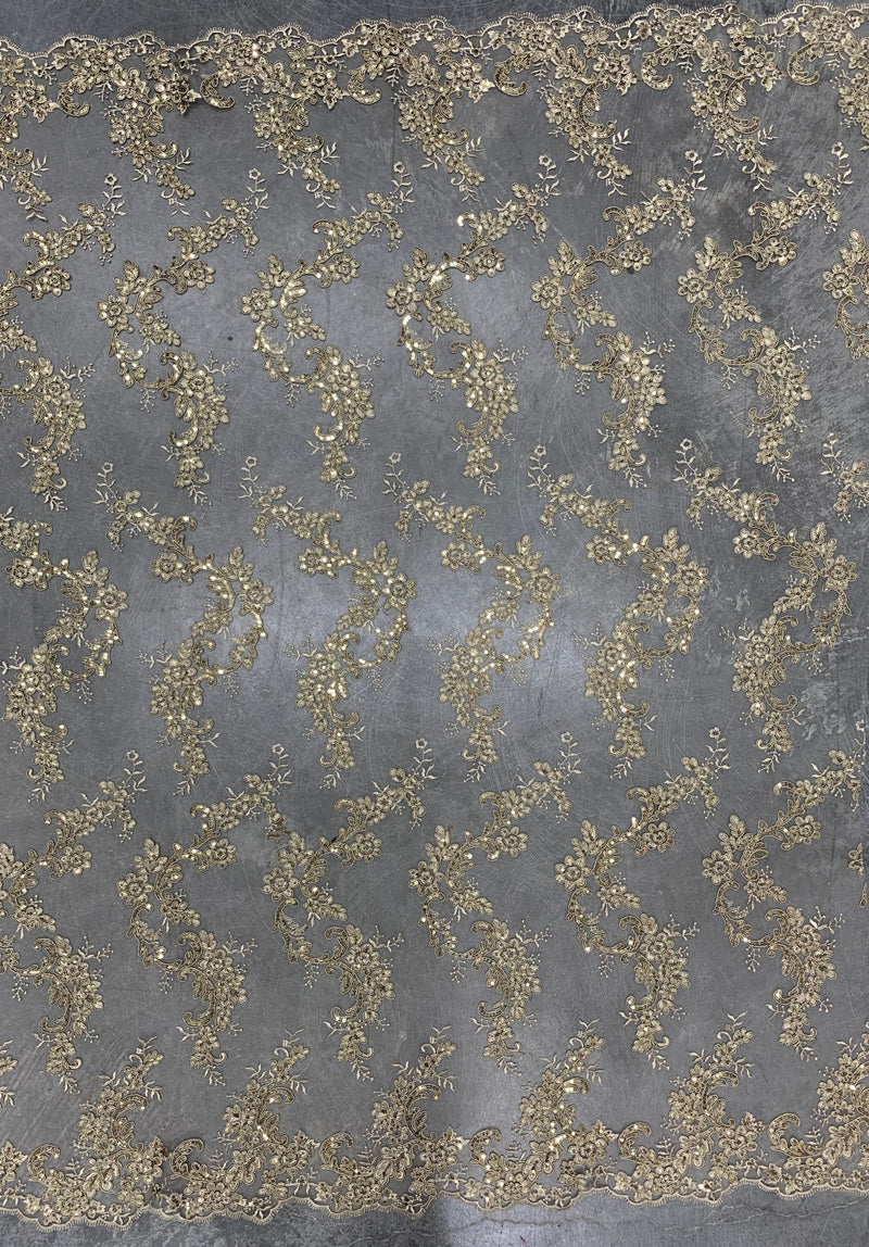 Cristina CHAMPAGNE Polyester Floral Embroidery with Sequins on Mesh Lace Fabric