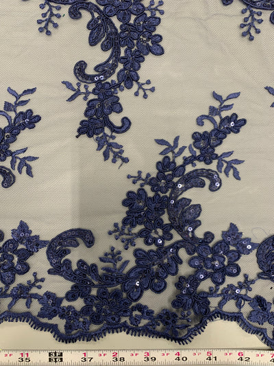 Cristina NAVY BLUE Polyester Floral Embroidery with Sequins on Mesh Lace Fabric
