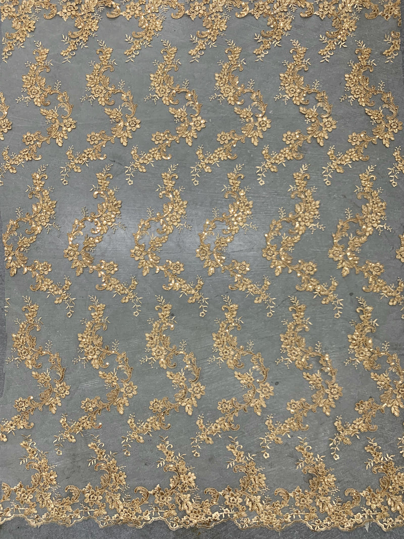 Cristina GOLD Polyester Floral Embroidery with Sequins on Mesh Lace Fabric