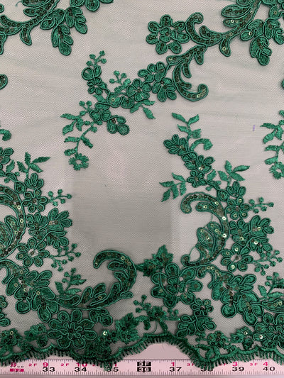 Cristina HUNTER GREEN Polyester Floral Embroidery with Sequins on Mesh Lace Fabric