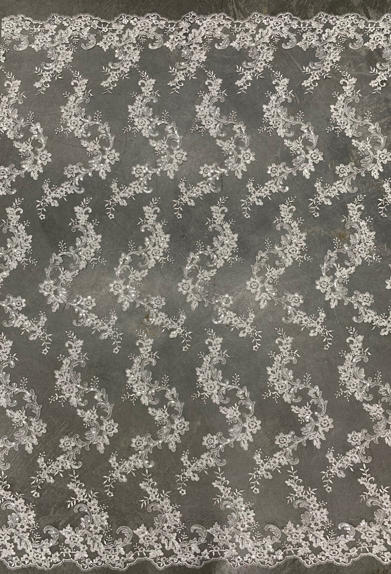 Cristina IVORY Polyester Floral Embroidery with Sequins on Mesh Lace Fabric