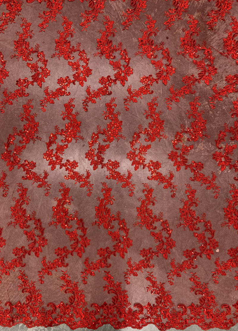 Cristina RED Polyester Floral Embroidery with Sequins on Mesh Lace Fabric