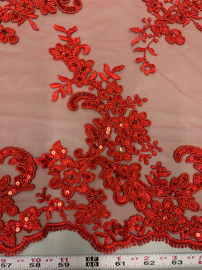 Cristina RED Polyester Floral Embroidery with Sequins on Mesh Lace Fabric