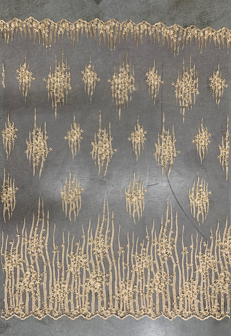 Kelsey CHAMPAGNE Floral Beaded Lace Embroidery on Mesh Fabric by the Yard