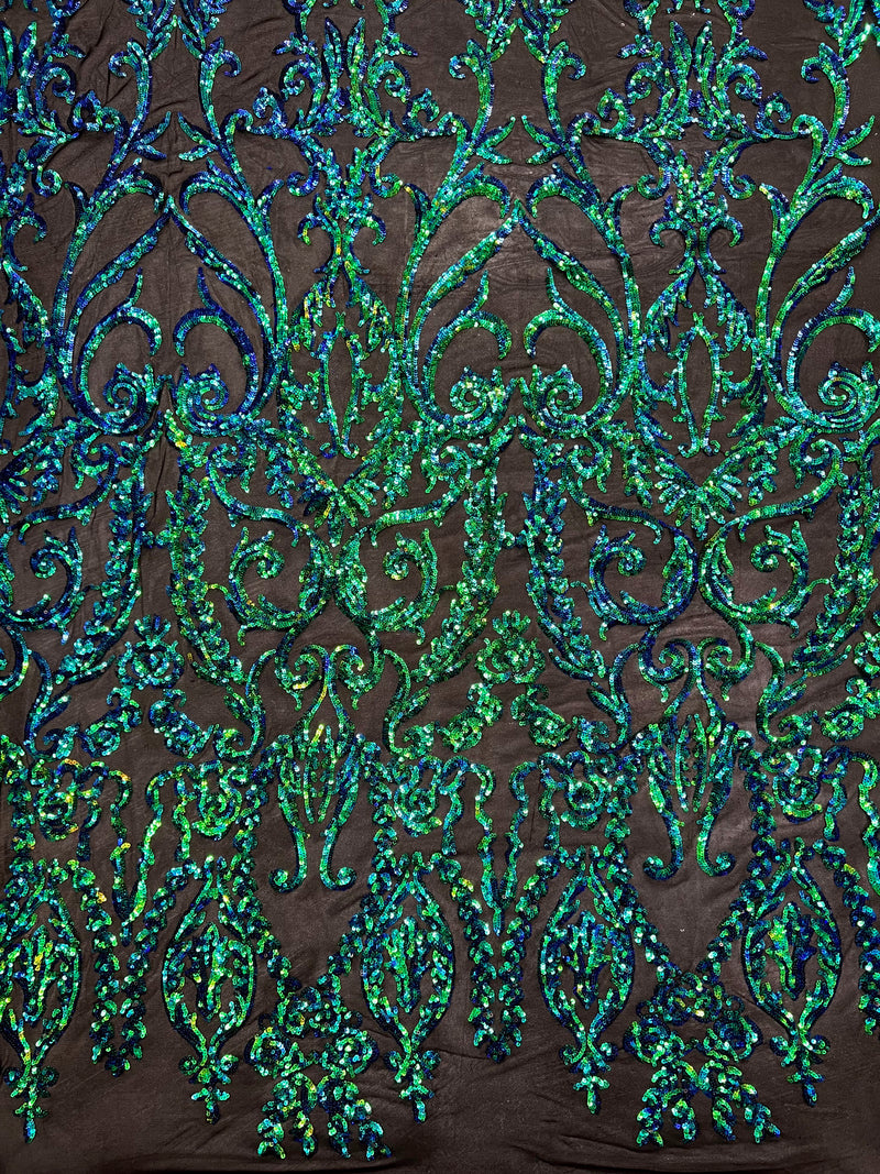 Esmeralda IRIDESCENT GREEN BLUE MERMAID Sequins on Mesh Lace Fabric by the Yard