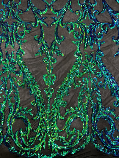 Esmeralda IRIDESCENT GREEN BLUE MERMAID Sequins on Mesh Lace Fabric by the Yard