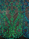 Esmeralda IRIDESCENT GREEN BLUE MERMAID Sequins on Mesh Lace Fabric by the Yard