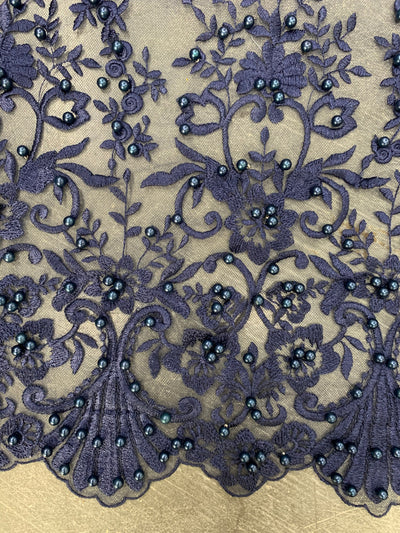 Daphne NAVY BLUE Faux Pearls Beaded Flowers and Vines Lace Embroidery on Mesh Fabric by the Yard