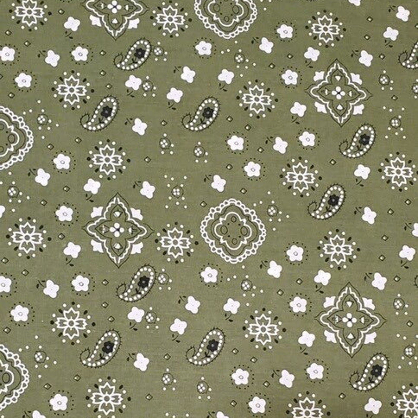 Annabella OLIVE GREEN Paisley Floral Print Bandana Poly Cotton Fabric by the Yard - 10115