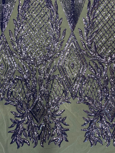 Francesca BLUE LAVENDER Vines and Diamonds Pattern Sequins on Light BLUE Mesh Lace Fabric by the Yard
