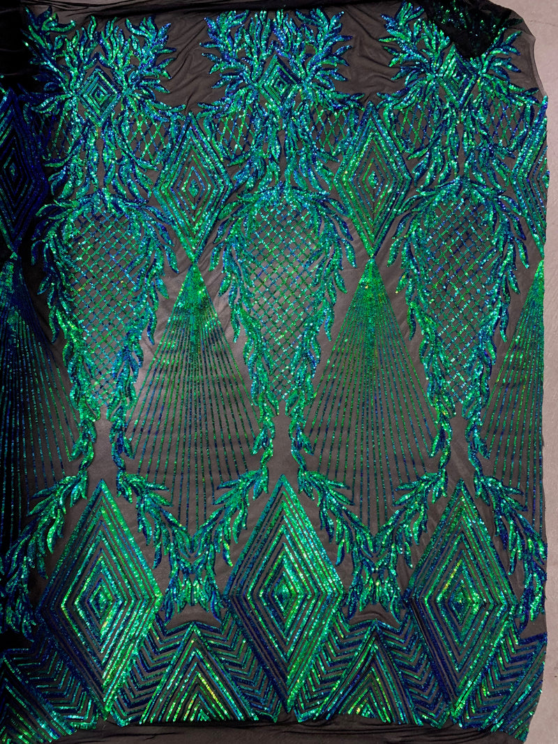 Francesca IRIDESCENT GREEN BLUE MERMAID Vines and Diamonds Pattern Sequins on Mesh Lace Fabric by the Yard